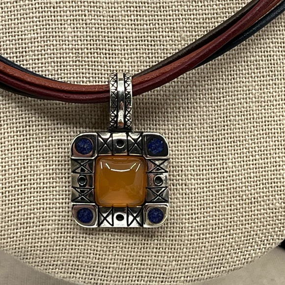 Vintage Ava Yetter Southwestern Pendant Necklace – Amber, Lapis, 925 Sterling - Picture 4 of 17